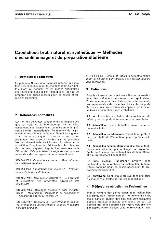 ISO 1795:1992 - Caoutchouc brut, naturel et synthétique -- Méthodes d'échantillonnage et de préparation ultérieure