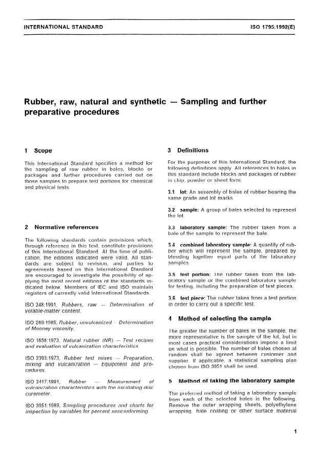 ISO 1795:1992 - Rubber, raw, natural and synthetic -- Sampling and further preparative procedures