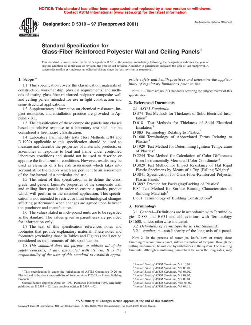 ASTM D5319-97(2001) - Standard Specification for Glass-Fiber Reinforced Polyester Wall and Ceiling Panels