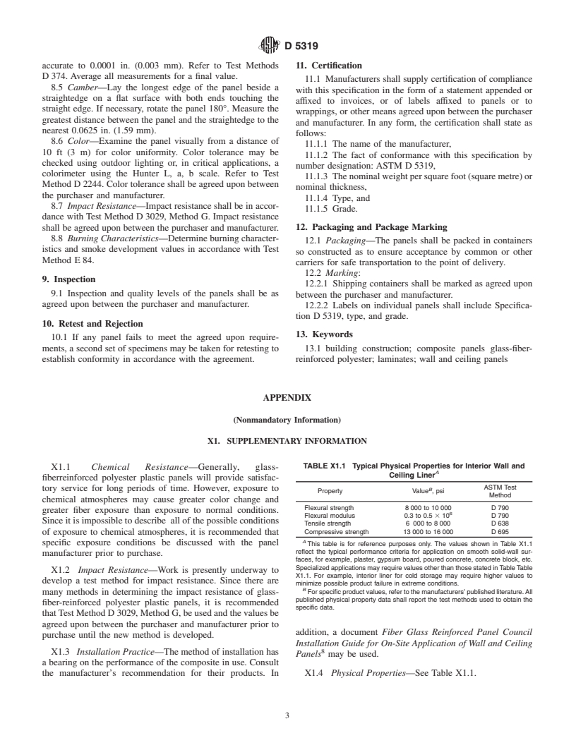 ASTM D5319-97(2001) - Standard Specification for Glass-Fiber Reinforced Polyester Wall and Ceiling Panels