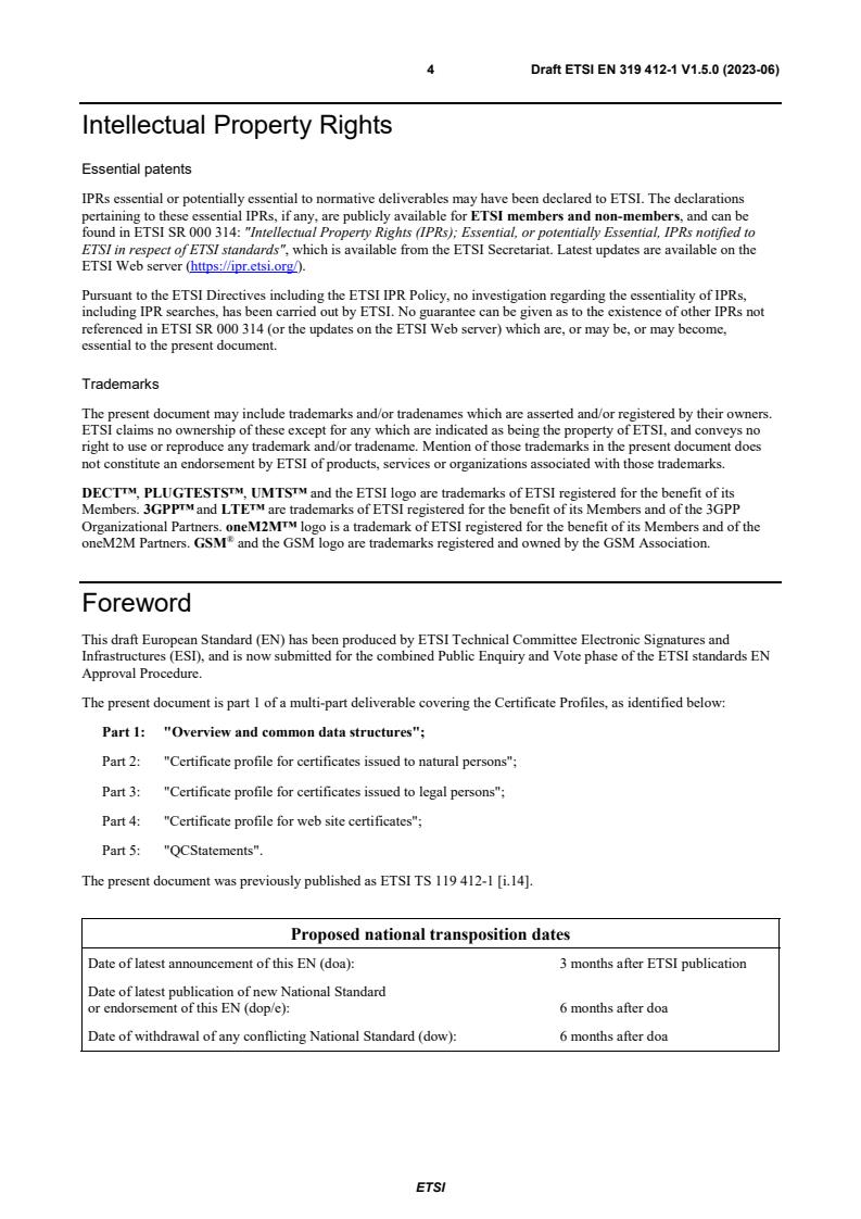 SIST EN 319 412-1 V1.5.1:2023 ETSI EN 319 412-1 V1.5.0 (2023-06) - Electronic Signatures and Infrastructures (ESI); Certificate Profiles; Part 1: Overview and common data structures - Page 4 preview
