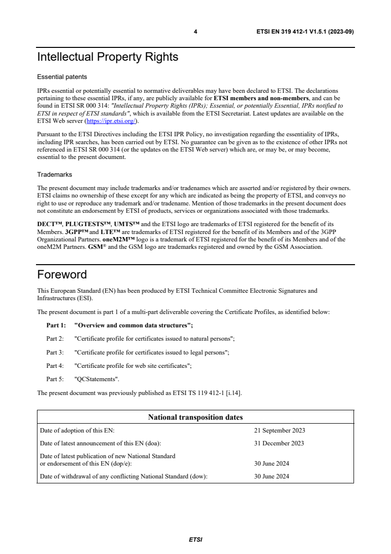 SIST EN 319 412-1 V1.5.1:2023 ETSI EN 319 412-1 V1.5.1 (2023-09) - Electronic Signatures and Infrastructures (ESI); Certificate Profiles; Part 1: Overview and common data structures - Page 4 preview