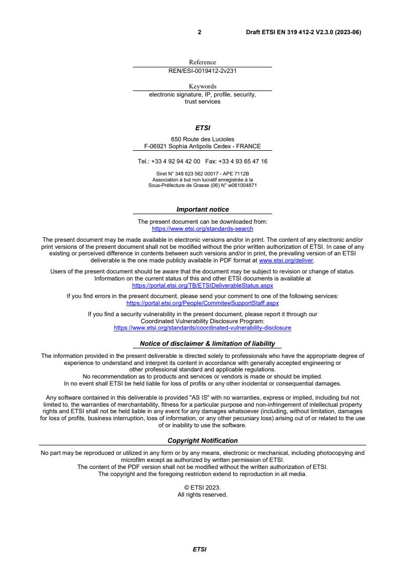 SIST EN 319 412-2 V2.3.1:2023 ETSI EN 319 412-2 V2.3.0 (2023-06) - Electronic Signatures and Infrastructures (ESI); Certificate Profiles; Part 2: Certificate profile for certificates issued to natural persons - Page 2 preview