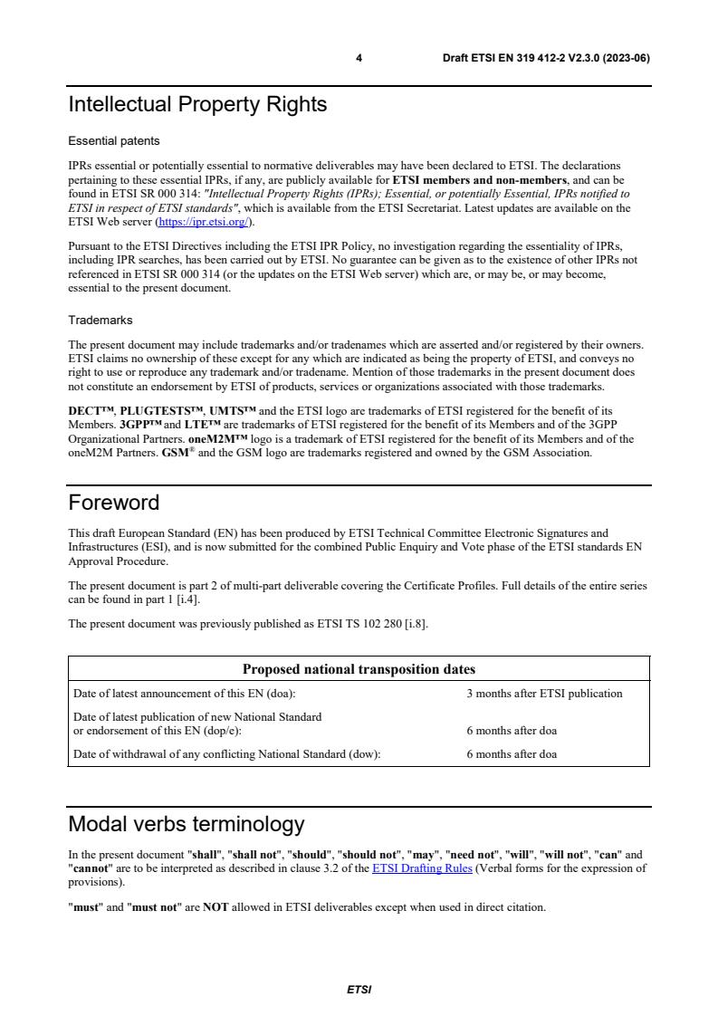 SIST EN 319 412-2 V2.3.1:2023 ETSI EN 319 412-2 V2.3.0 (2023-06) - Electronic Signatures and Infrastructures (ESI); Certificate Profiles; Part 2: Certificate profile for certificates issued to natural persons - Page 4 preview
