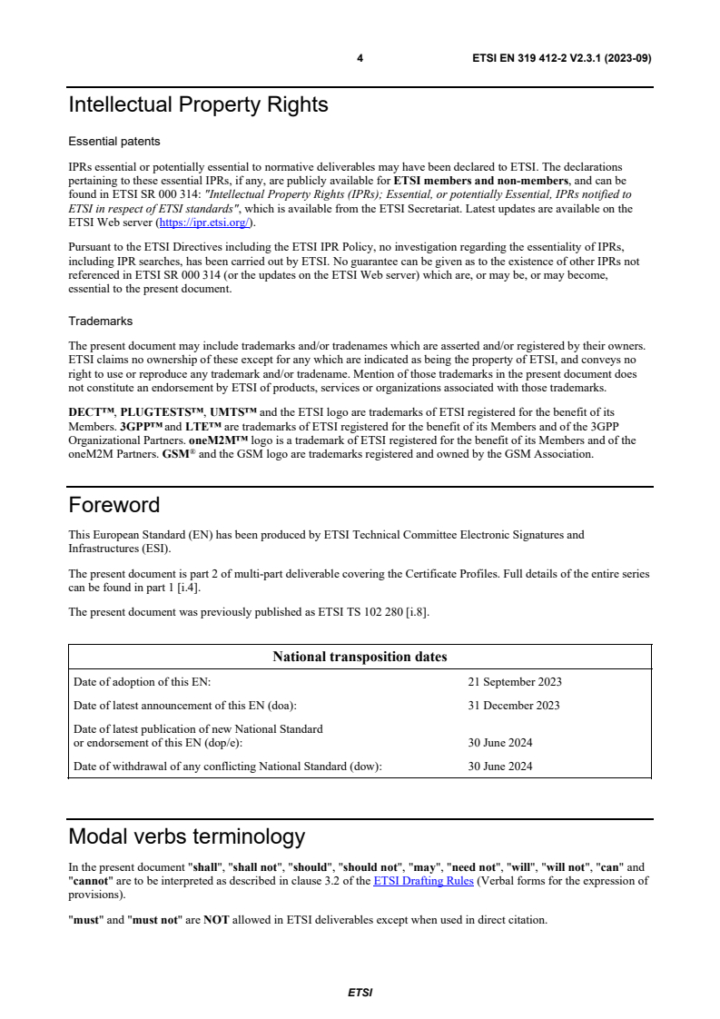 SIST EN 319 412-2 V2.3.1:2023 ETSI EN 319 412-2 V2.3.1 (2023-09) - Electronic Signatures and Infrastructures (ESI); Certificate Profiles; Part 2: Certificate profile for certificates issued to natural persons - Page 4 preview