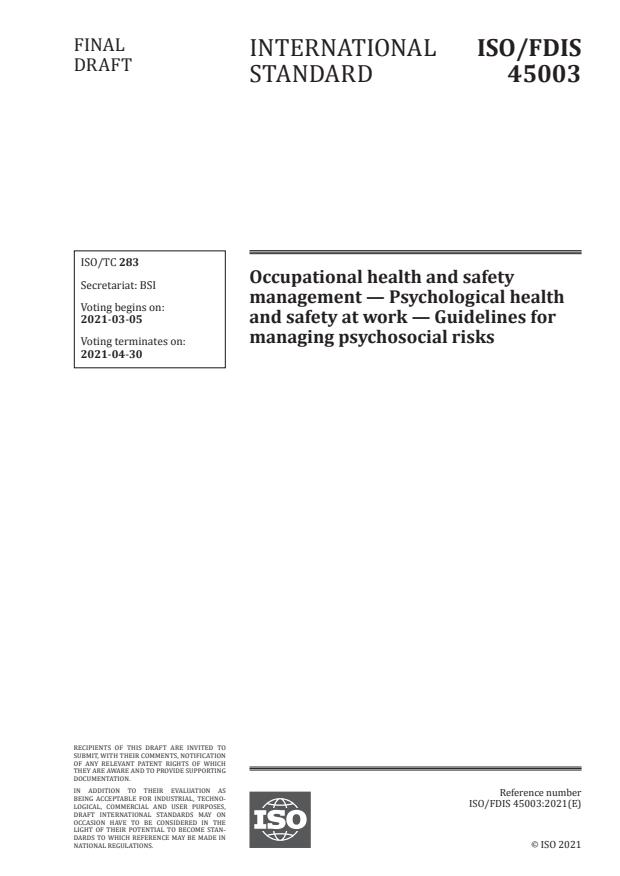 ISO/FDIS 45003:Version 06-mar-2021 - Occupational health and safety management -- Psychological health and safety at work -- Guidelines for managing psychosocial risks