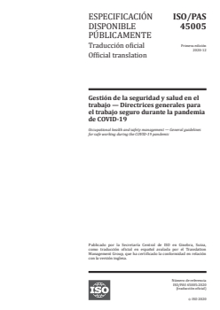 ISO/PAS 45005:2020 ISO/PAS 45005:2020 - Occupational health and safety management — General guidelines for safe working during the COVID-19 pandemic
Released:7/20/2021 - Page 1 preview