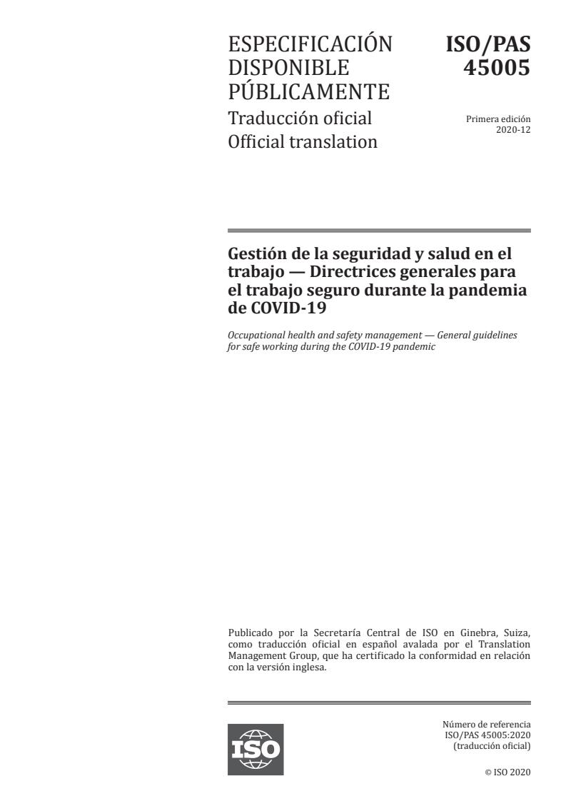 ISO/PAS 45005:2020 - Occupational health and safety management -- General guidelines for safe working during the COVID-19 pandemic