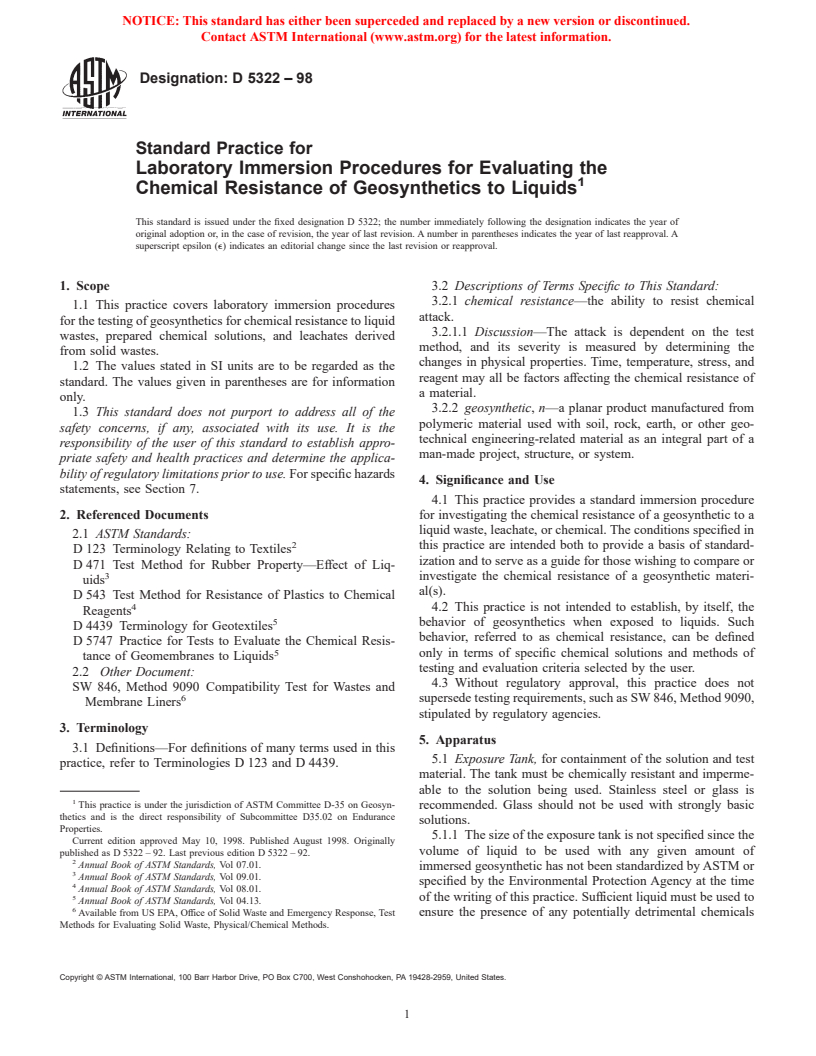 ASTM D5322-98 - Standard Practice for Immersion Procedures for Evaluating the Chemical Resistance of Geosynthetics to Liquids