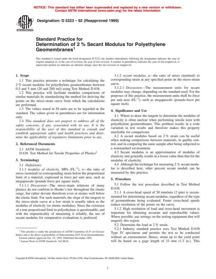 ASTM D5323-92(1999) - Standard Practice for Determination of 2% Secant Modulus for Polyethylene Geomembranes