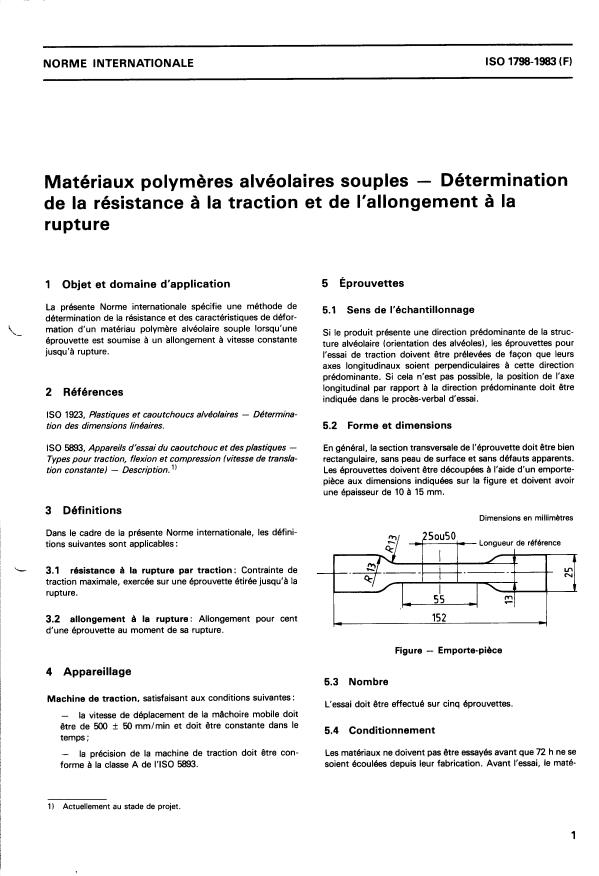 ISO 1798:1983 - Matériaux polymeres alvéolaires souples - Détermination de la résistance a la traction et de l'allongement a la rupture