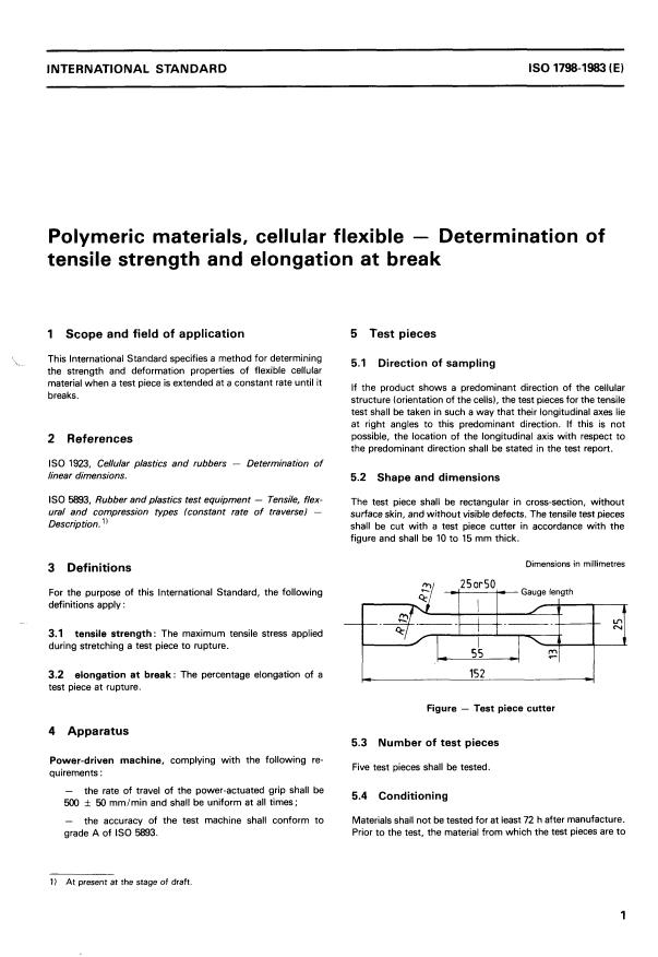 ISO 1798:1983 - Polymeric materials, cellular flexible -- Determination of tensile strength and elongation at break