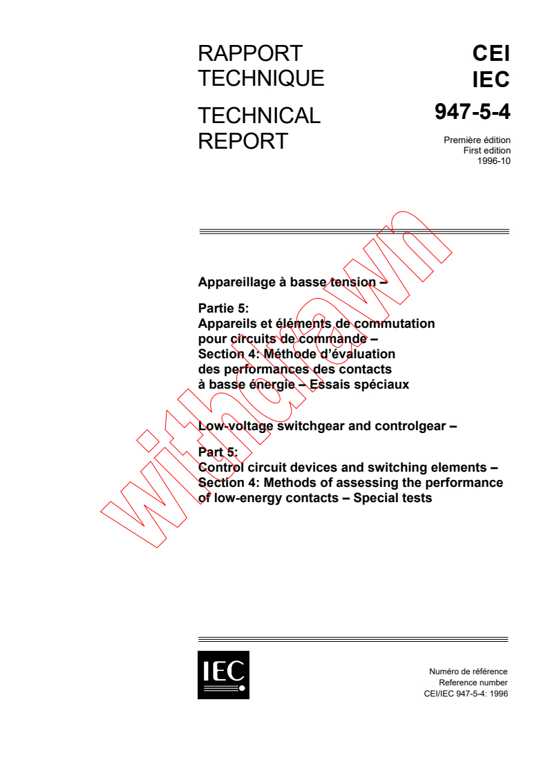 IEC TS 60947-5-4:1996 IEC TS 60947-5-4:1996 - Low-voltage switchgear and controlgear - Part 5: Control circuit devices and switching elements - Section 4: Method of assessing the performance of low energy contacts. Special tests
Released:10/24/1996