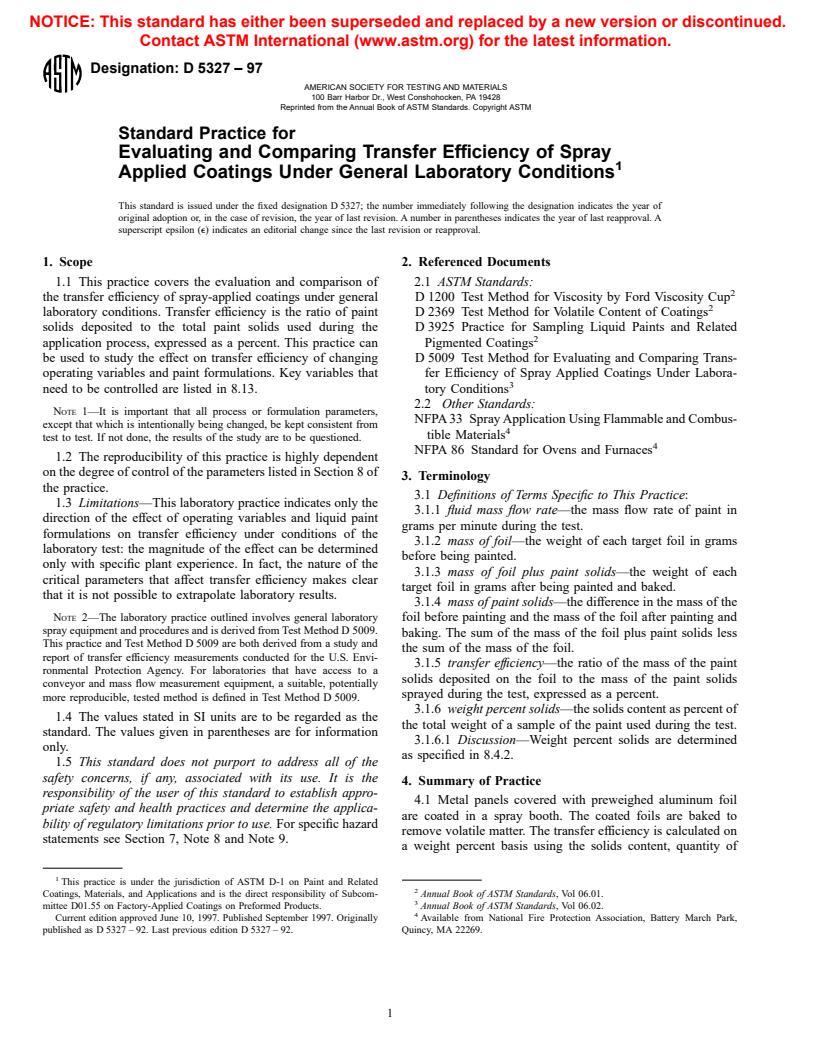 ASTM D5327-97 - Standard Practice for Evaluating and Comparing Transfer Efficiency of Spray Applied Coatings Under General Laboratory Conditions