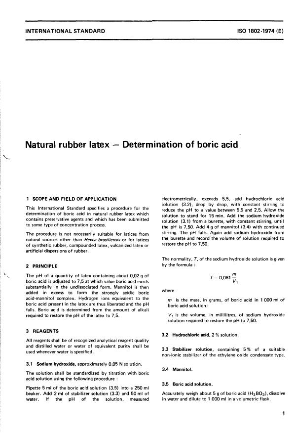 ISO 1802:1974 - Natural rubber latex -- Determination of boric acid
