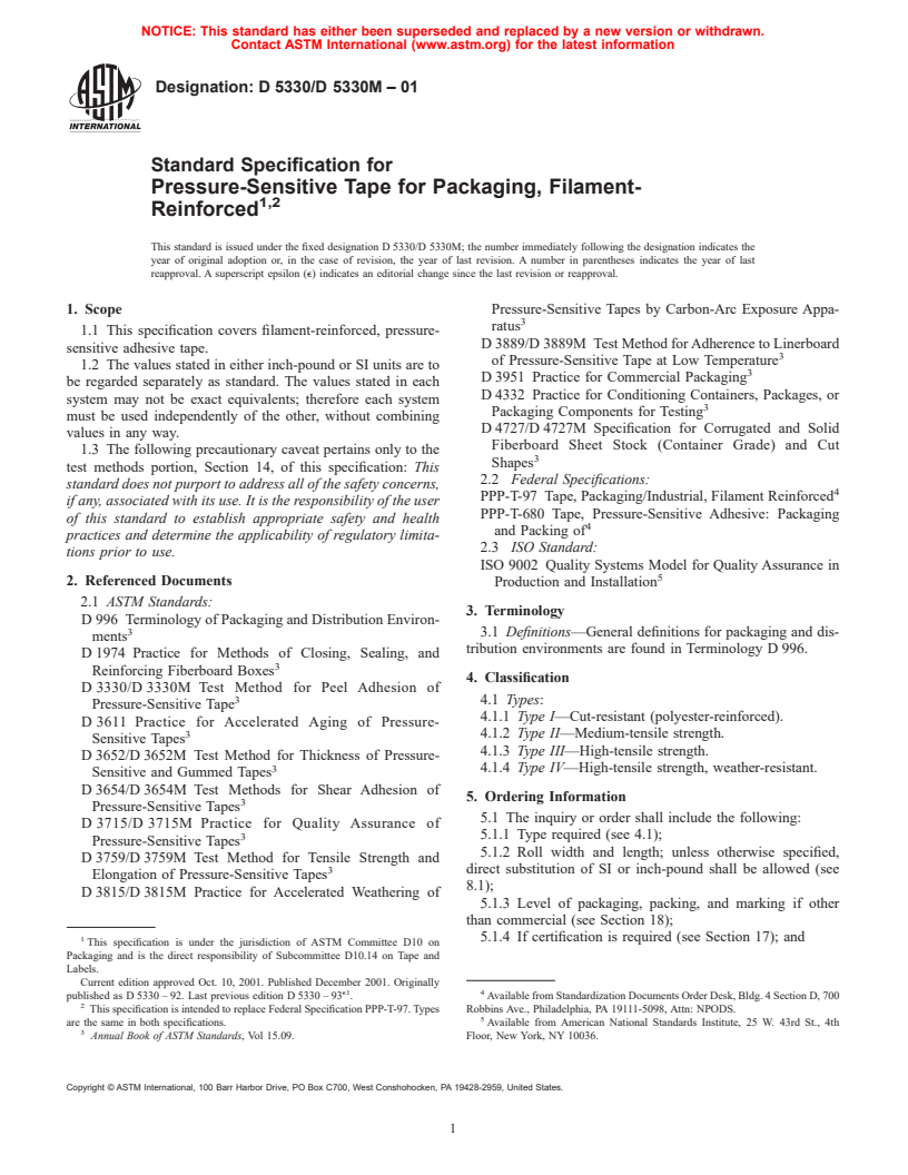 ASTM D5330/D5330M-01 - Standard Specification for Pressure-Sensitive Tape for Packaging, Filament- Reinforced