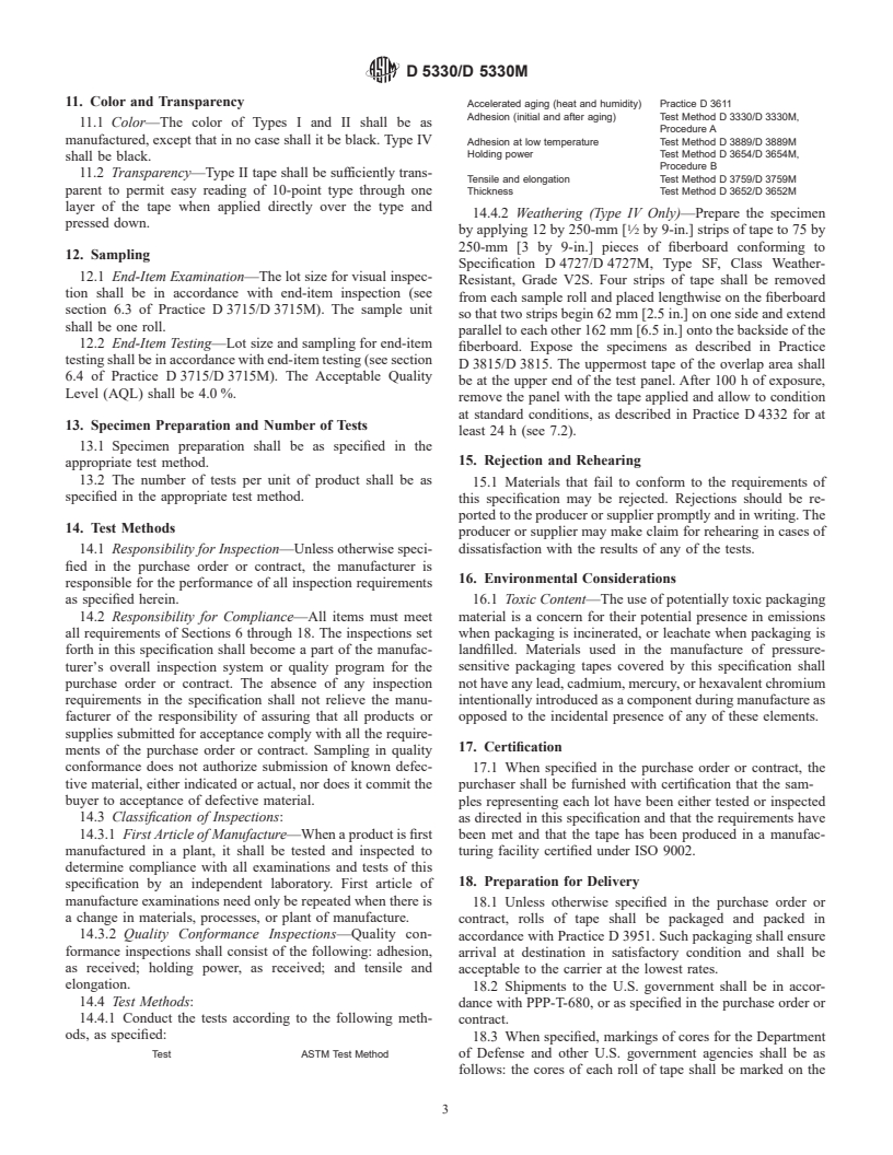 ASTM D5330/D5330M-01 - Standard Specification for Pressure-Sensitive Tape for Packaging, Filament- Reinforced