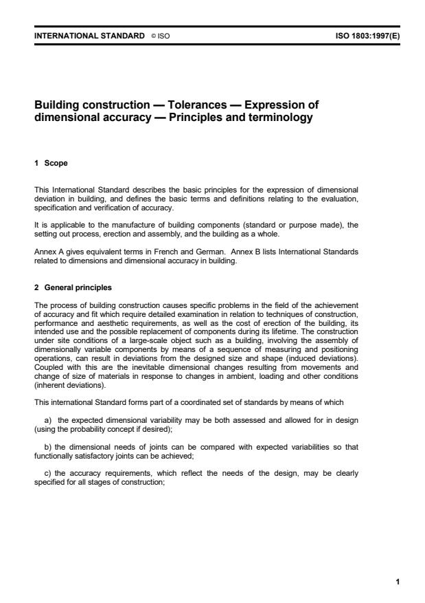 ISO 1803:1997 - Building construction -- Tolerances -- Expression of dimensional accuracy -- Principles and terminology