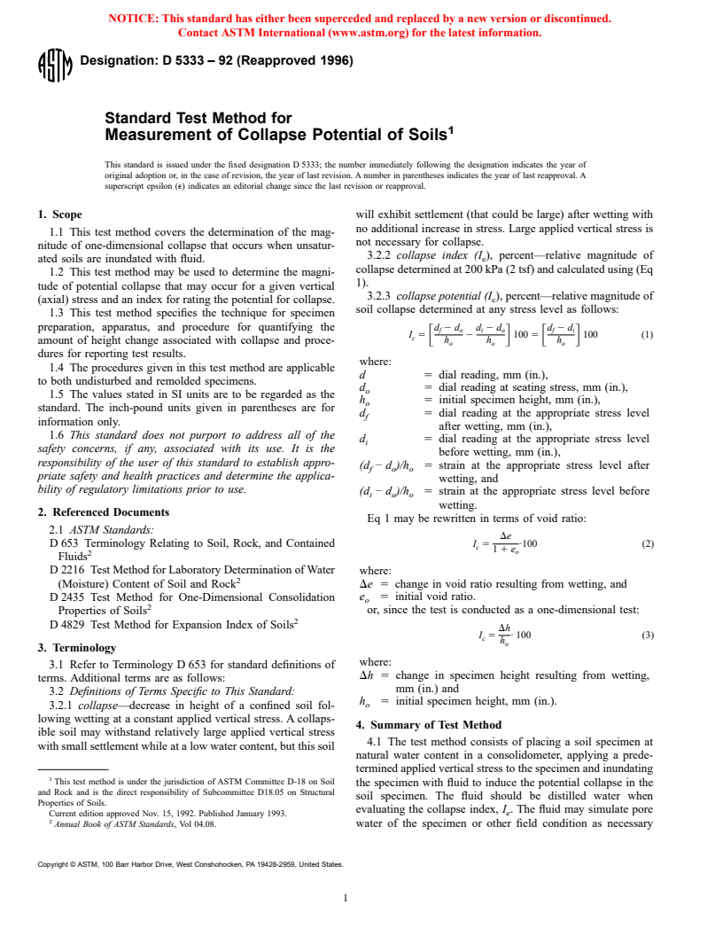 ASTM D5333-92(1996) - Standard Test Method for Measurement of Collapse Potential of Soils