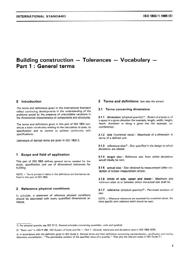 ISO 1803-1:1985 - Building construction -- Tolerances -- Vocabulary