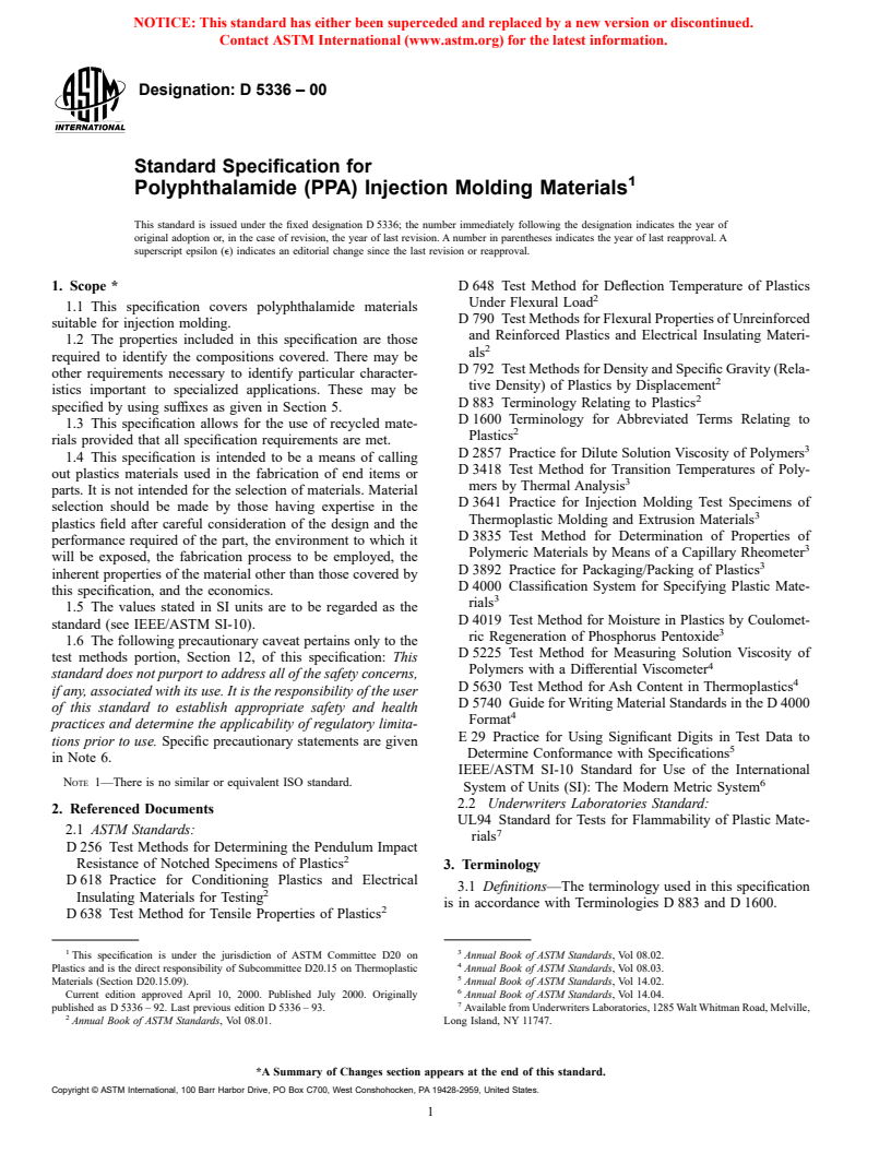 ASTM D5336-00 - Standard Specification for Polyphthalamide (PPA) Injection Molding Materials