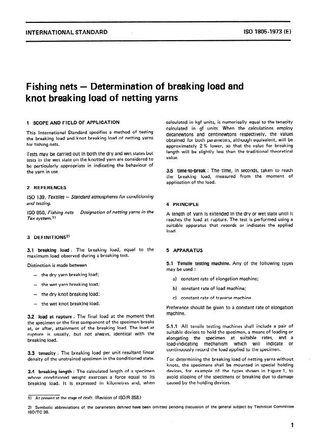 ISO 1805:1973 - Fishing nets -- Determination of breaking load and knot breaking load of netting yarns