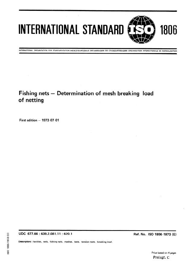 ISO 1806:1973 - Fishing nets -- Determination of mesh breaking load of netting