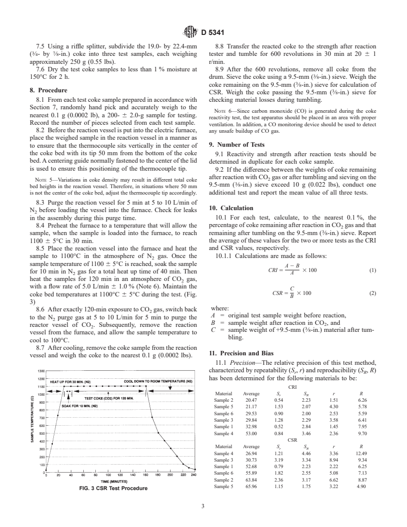 ASTM D5341-99 - Standard Test Method for Measuring Coke Reactivity Index (CRI) and Coke Strength After Reaction (CSR)