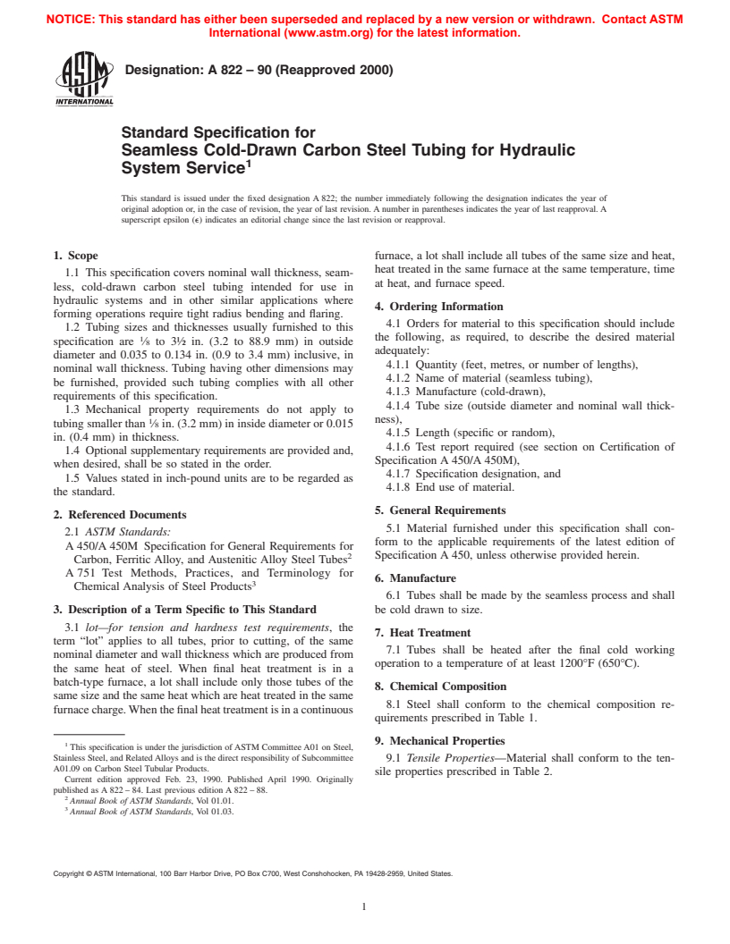 ASTM A822-90(2000) - Standard Specification for Seamless Cold-Drawn Carbon Steel Tubing for Hydraulic System Service