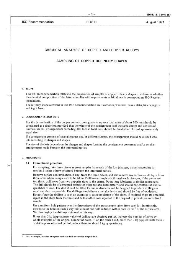 ISO/R 1811:1971 - Chemical analysis of copper and copper alloys -- Sampling of copper refinery shapes