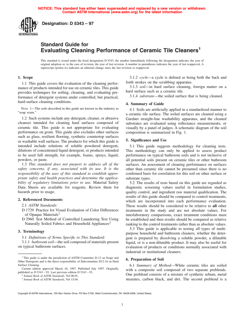 ASTM D5343-97 - Standard Guide for Evaluating Cleaning Performance of Ceramic Tile Cleaners