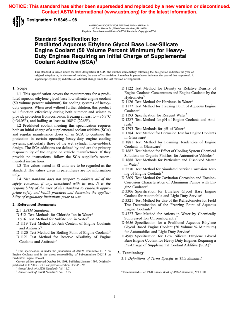 ASTM D5345-98 - Standard Specification for Prediluted Aqueous Ethylene Glycol Base Low-Silicate Engine Coolant (50 Volume % Minimum) for Heavy-Duty Engines Requiring an Initial Charge of Supplemental Coolant Additive (SCA) (Withdrawn 2000)