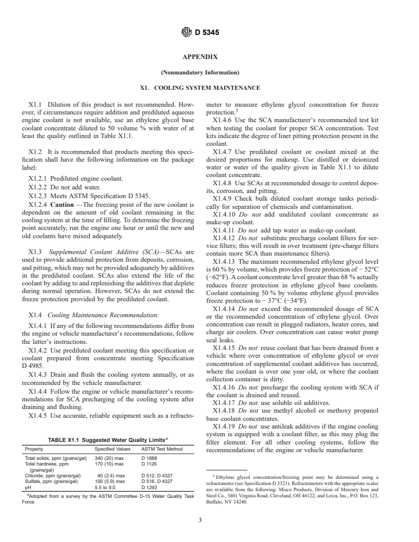 ASTM D5345-98 - Standard Specification for Prediluted Aqueous Ethylene Glycol Base Low-Silicate Engine Coolant (50 Volume % Minimum) for Heavy-Duty Engines Requiring an Initial Charge of Supplemental Coolant Additive (SCA) (Withdrawn 2000)