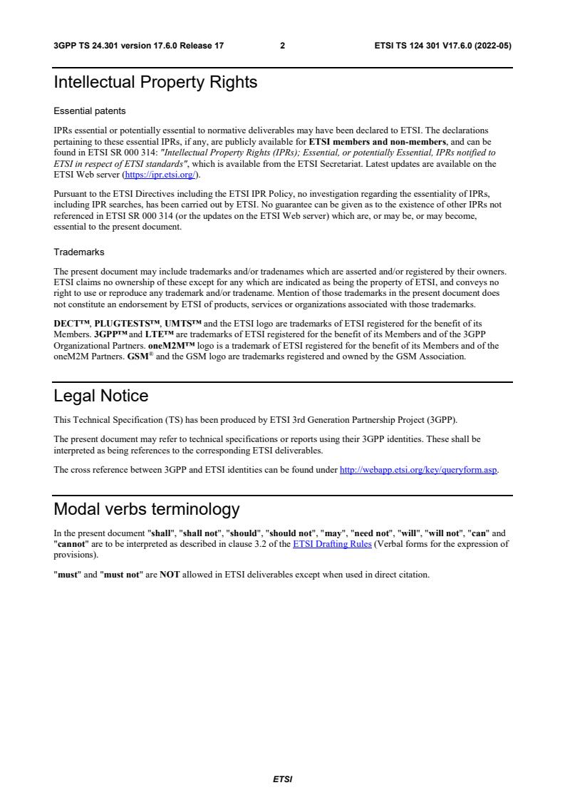 ETSI TS 124 301 V17.6.0 (2022-05) - Universal Mobile Telecommunications System (UMTS); LTE; 5G; Non-Access-Stratum (NAS) protocol for Evolved Packet System (EPS); Stage 3 (3GPP TS 24.301 version 17.6.0 Release 17)