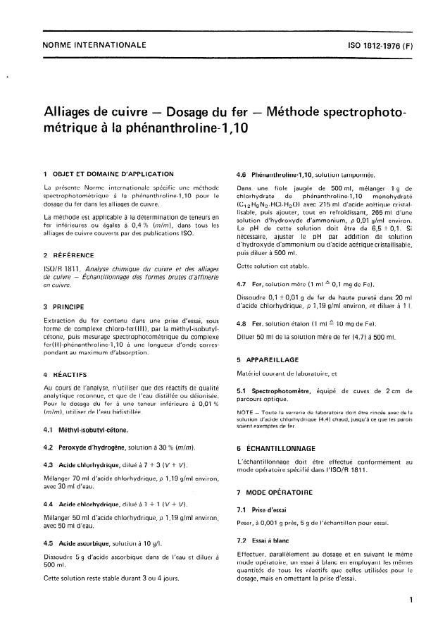 ISO 1812:1976 - Alliages de cuivre -- Dosage du fer -- Méthode spectrophotométrique a la phénanthroline -1,10