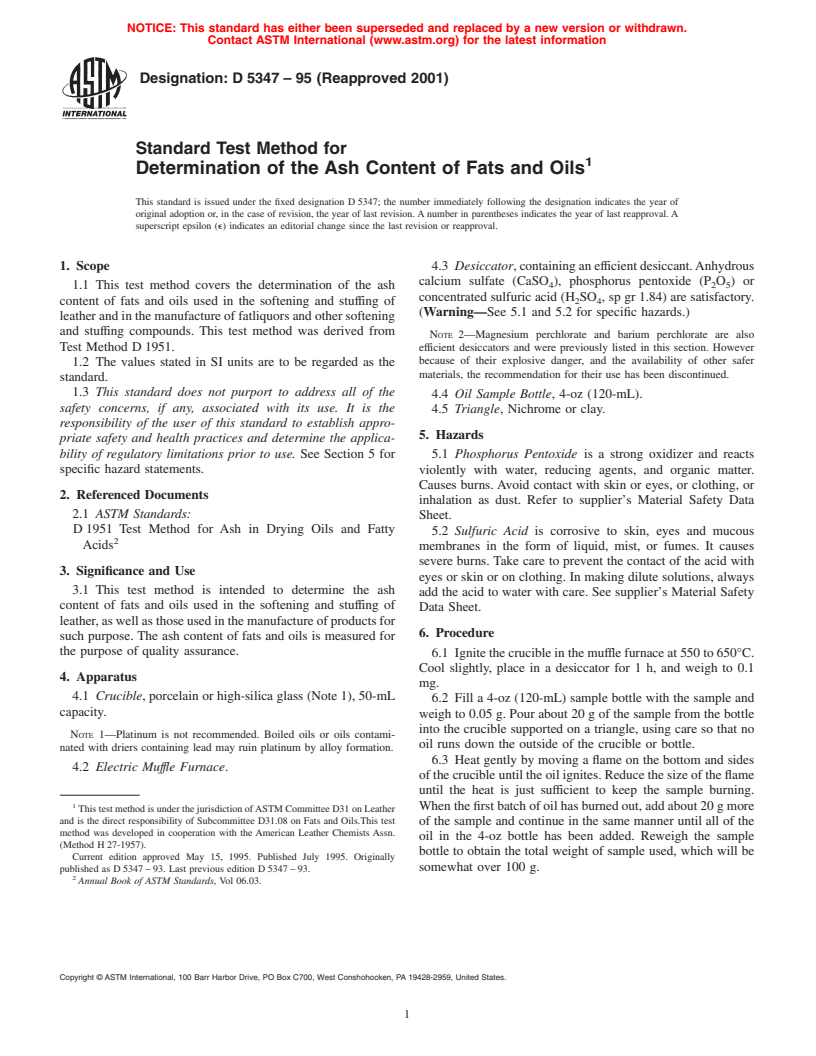 ASTM D5347-95(2001) - Standard Test Method for Determination of the Ash Content of Fats and Oils