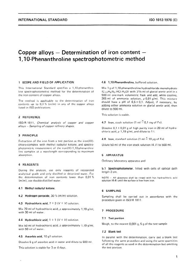 ISO 1812:1976 - Copper alloys -- Determination of iron content -- 1,10- Phenanthroline spectrophotometric method