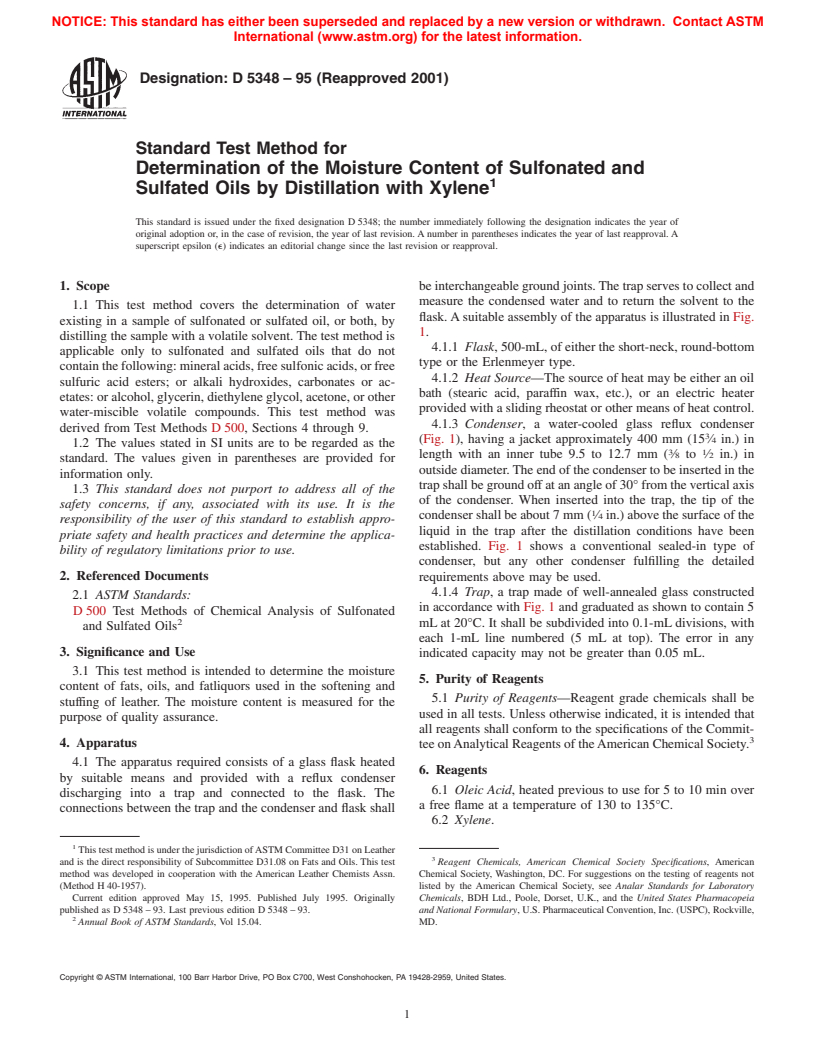 ASTM D5348-95(2001) - Standard Test Method for Determination of the Moisture Content of Sulfonated and Sulfated Oils by Distillation with Xylene