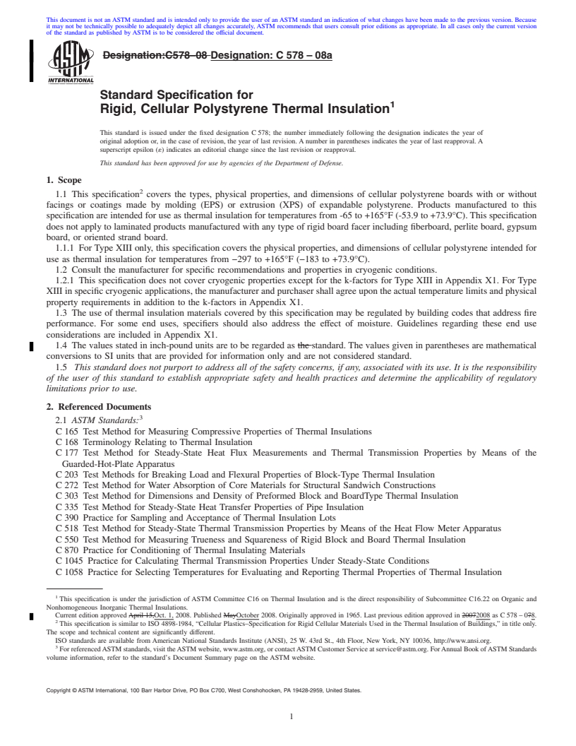 REDLINE ASTM C578-08a - Standard Specification for  Rigid, Cellular Polystyrene Thermal Insulation