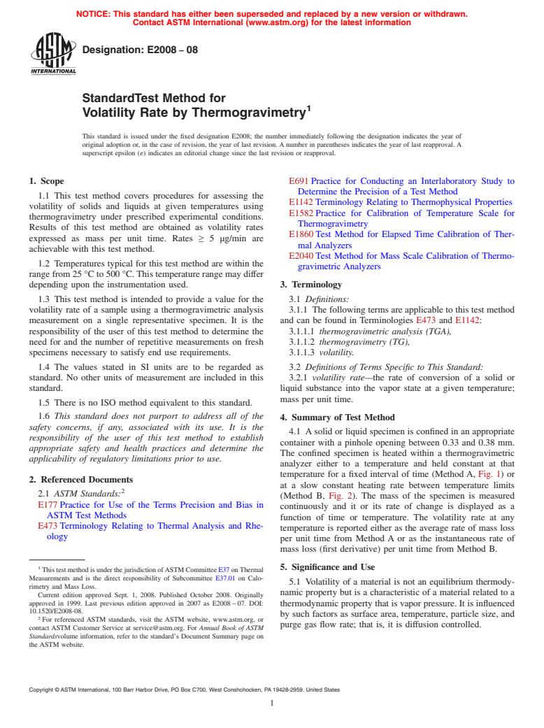 ASTM E2008-08 - Standard Test Method for Volatility Rate by Thermogravimetry