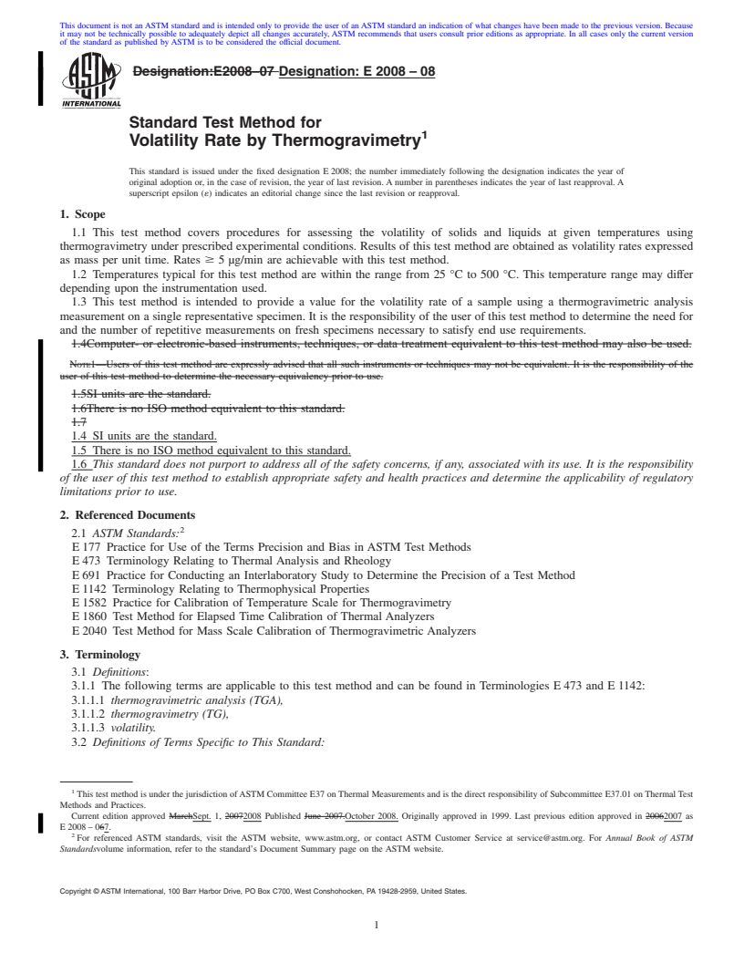 REDLINE ASTM E2008-08 - Standard Test Method for Volatility Rate by Thermogravimetry