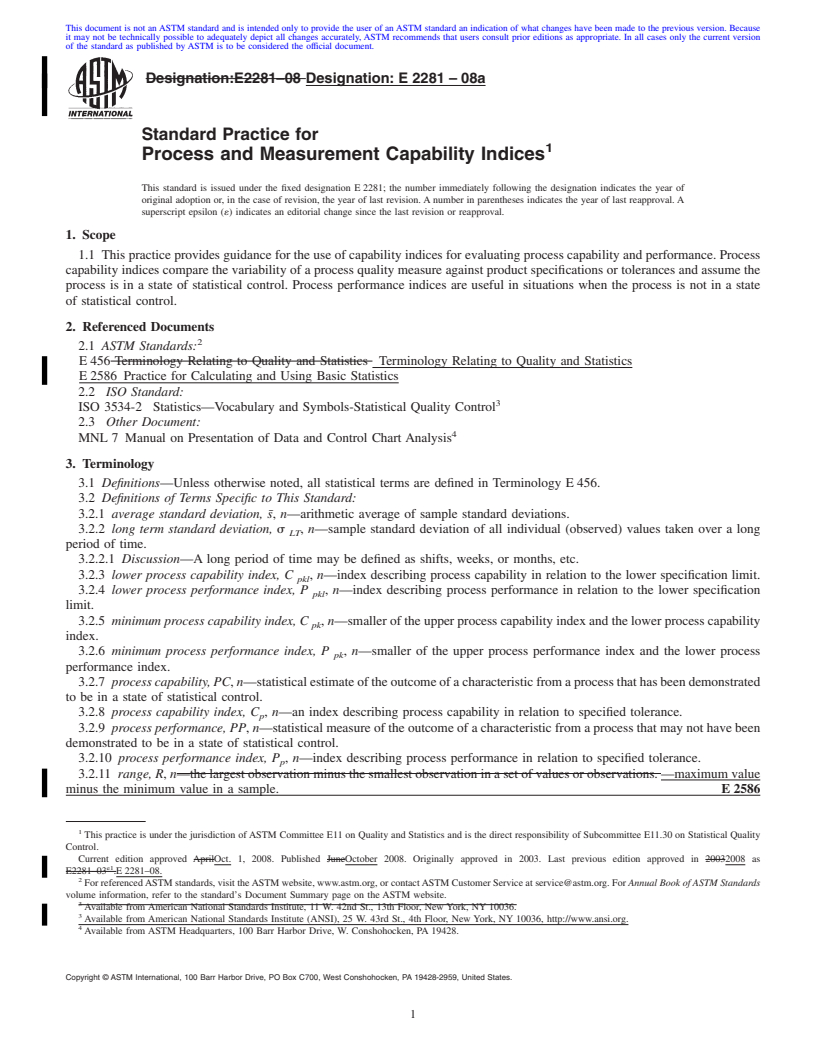 REDLINE ASTM E2281-08a - Standard Practice for Process and Measurement Capability Indices