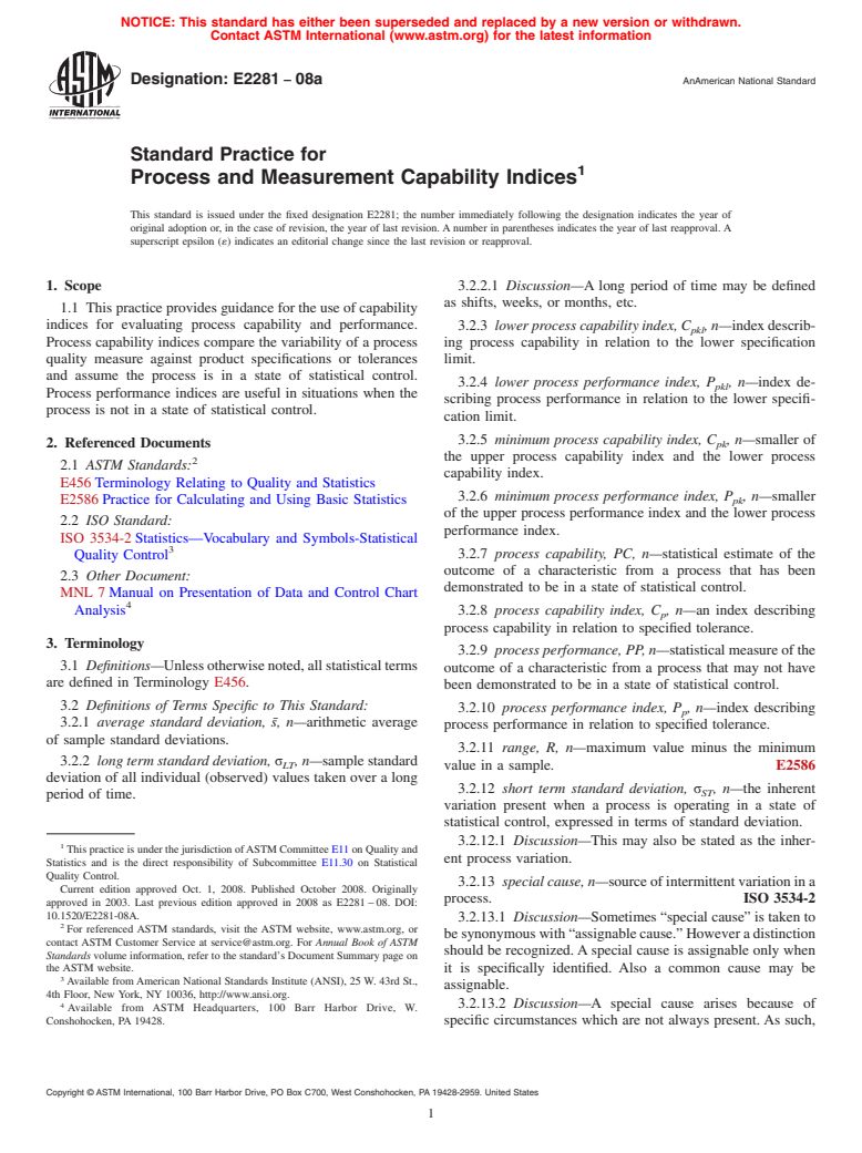 ASTM E2281-08a - Standard Practice for Process and Measurement Capability Indices