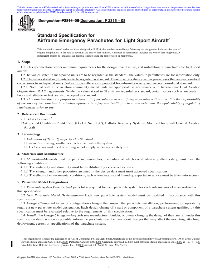 REDLINE ASTM F2316-08 - Standard Specification for Airframe Emergency Parachutes for Light Sport Aircraft