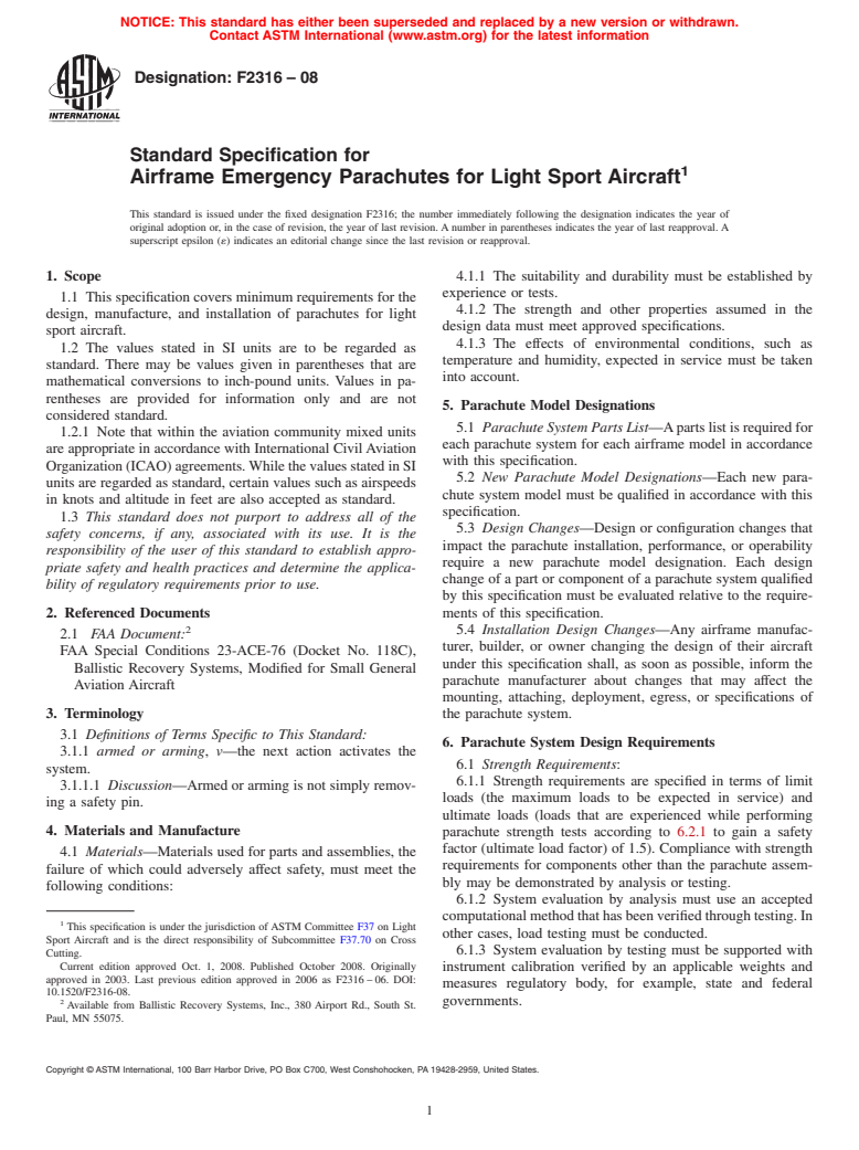 ASTM F2316-08 - Standard Specification for Airframe Emergency Parachutes for Light Sport Aircraft