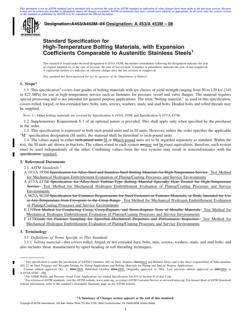 REDLINE ASTM A453/A453M-08 - Standard Specification for  High-Temperature Bolting Materials, with Expansion Coefficients Comparable to Austenitic Stainless Steels