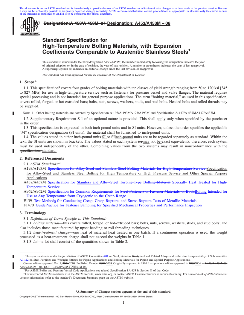 REDLINE ASTM A453/A453M-08 - Standard Specification for  High-Temperature Bolting Materials, with Expansion Coefficients Comparable to Austenitic Stainless Steels