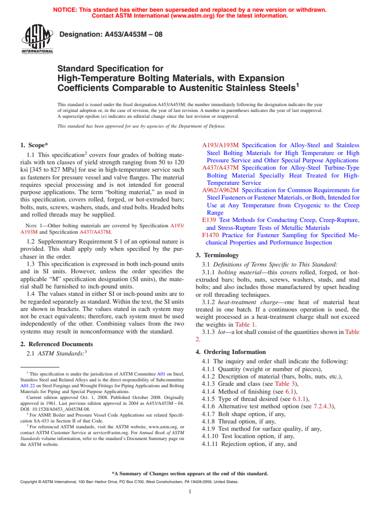 ASTM A453/A453M-08 - Standard Specification for  High-Temperature Bolting Materials, with Expansion Coefficients Comparable to Austenitic Stainless Steels