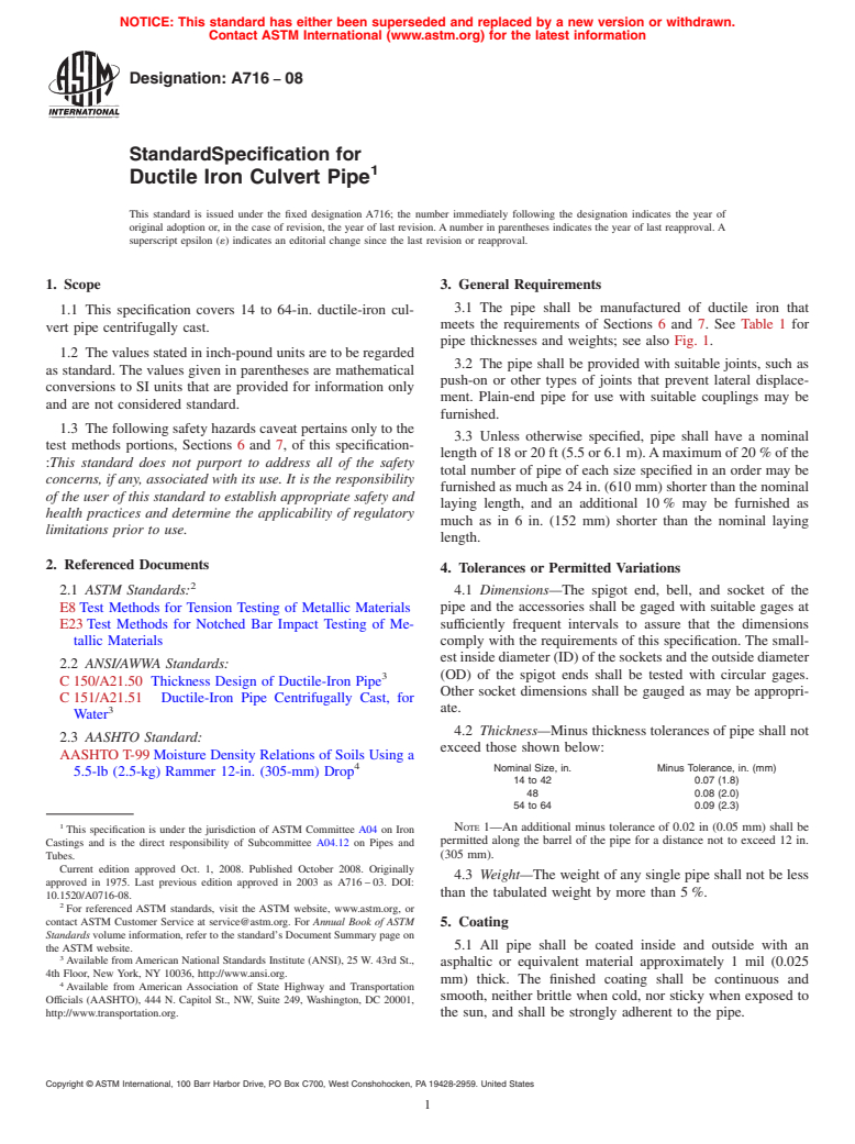 ASTM A716-08 - Standard Specification for Ductile Iron Culvert Pipe