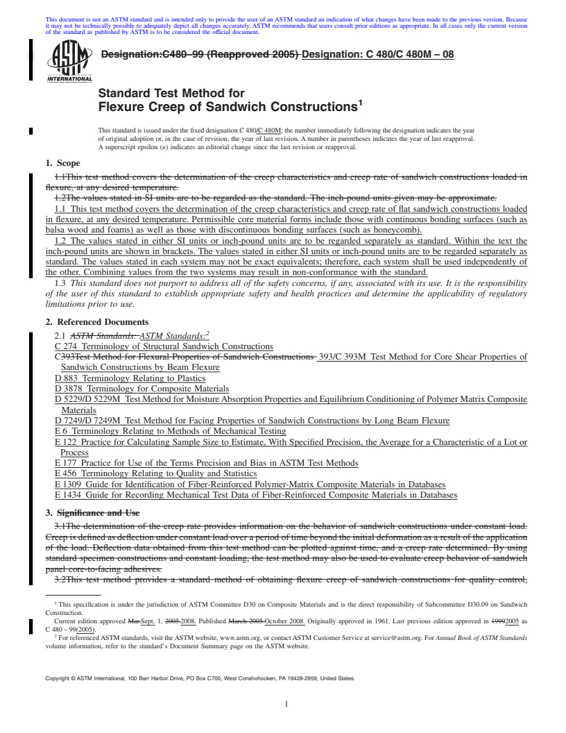 REDLINE ASTM C480/C480M-08 - Standard Test Method for Flexure Creep of Sandwich Constructions